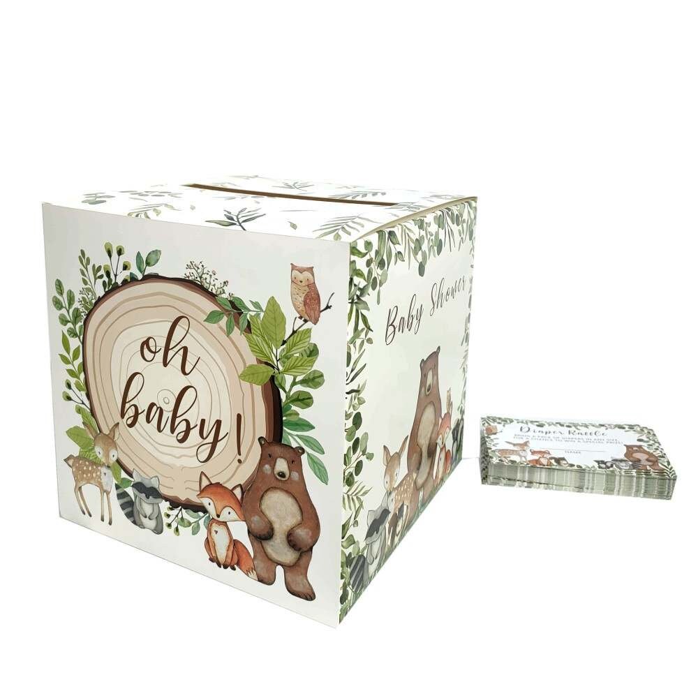 Woodland Animals Diaper Raffle Baby Shower Box, Woodland Baby Shower Diaper Raffle Box with Cards, Diaper Raffle Box, Baby Shower Decoration