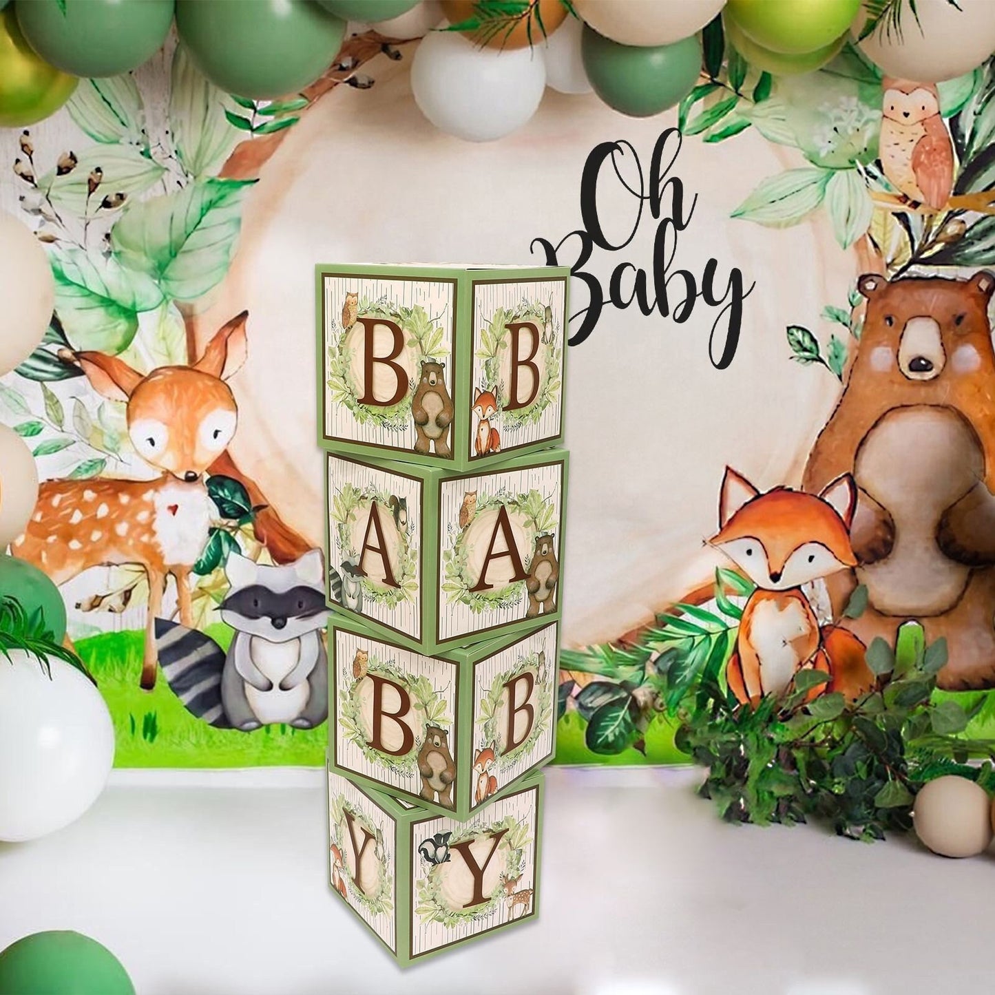 Woodland Animals Baby Block Balloon Box with Brown Letters, Baby Shower Decorations, Jumbo Balloon Boxes, Woodland Baby Shower Boxes