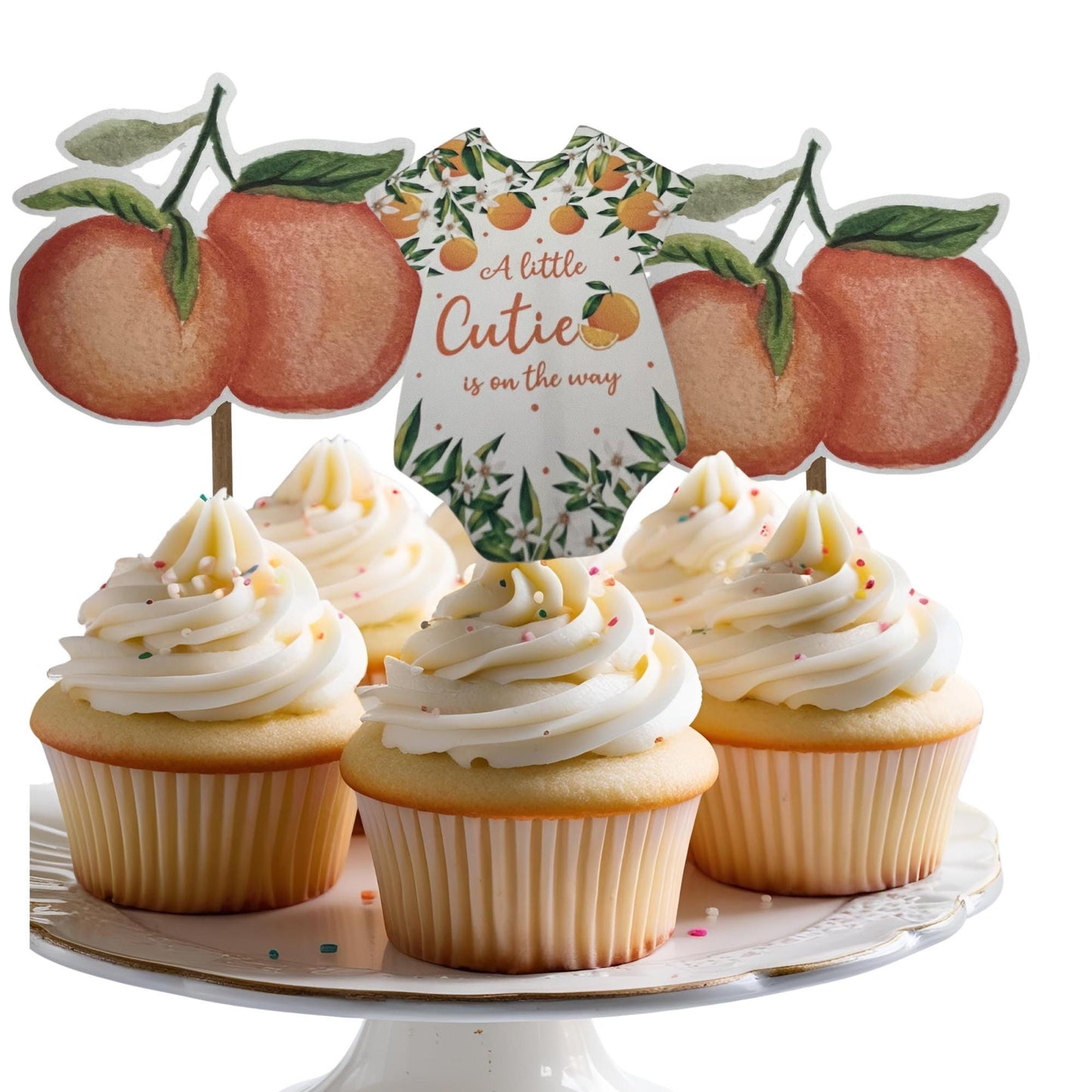 A Little Cutie is on the Way Baby Shower Cupcake Toppers, Little Cutie Baby Shower Toppers, Orange Citrus Baby Shower Decorations