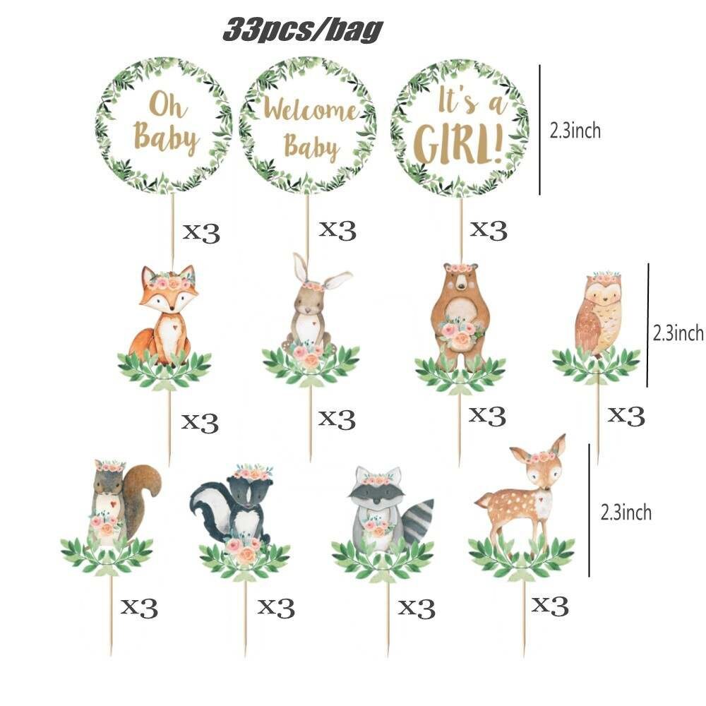 33 Woodland Animals Cupcake Toppers for Girls, Oh Baby Woodland Cupcake Toppers, Welcome Baby Cupcake Toppers, Its a Girl Cupcake Toppers