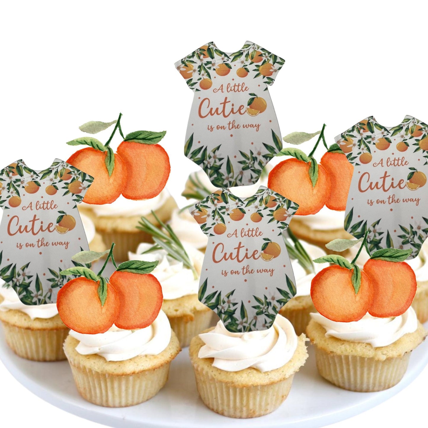 A Little Cutie is on the Way Baby Shower Cupcake Toppers, Little Cutie Baby Shower Toppers, Orange Citrus Baby Shower Decorations