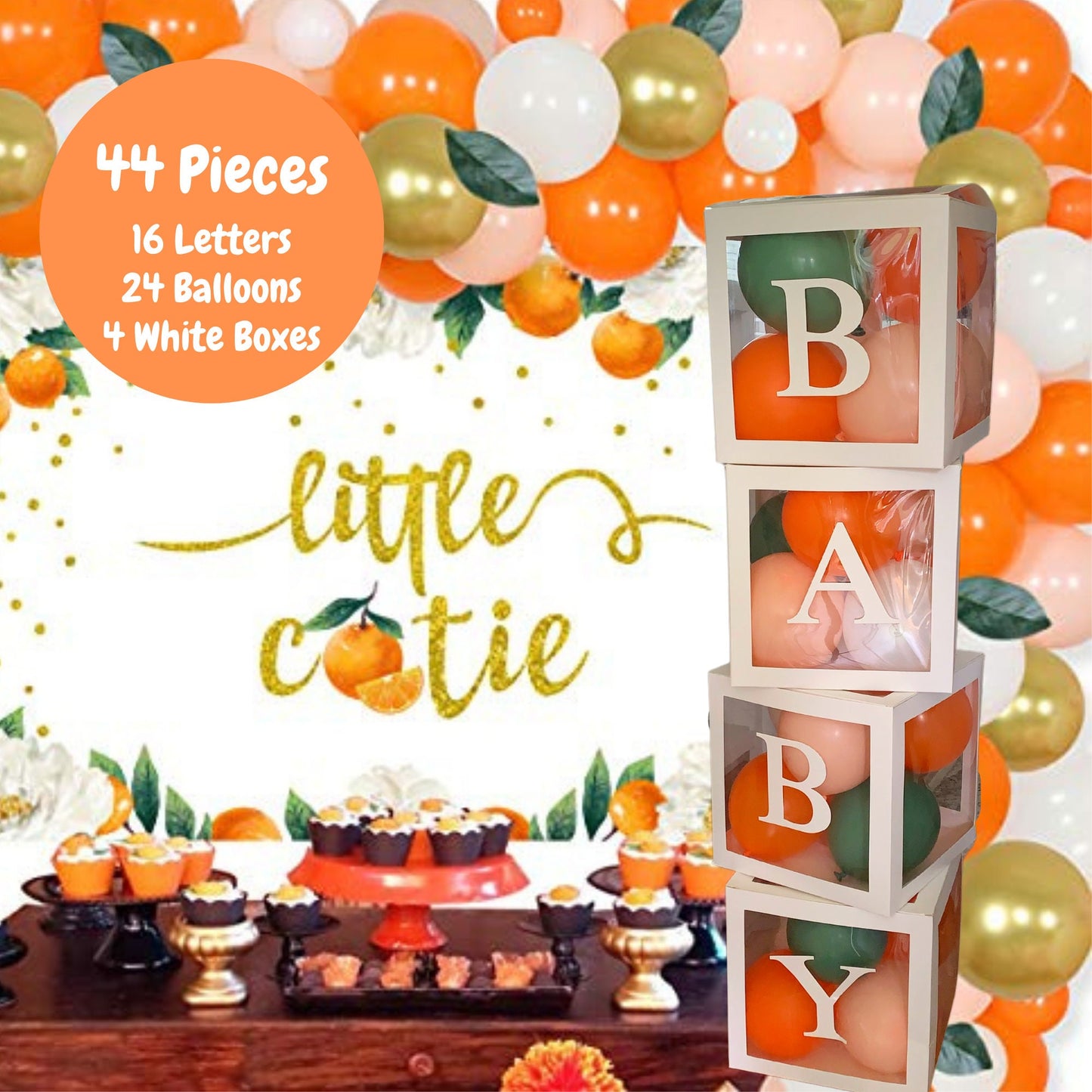 Little Cutie Baby Block Balloon Box with Letters, Baby Shower Decorations, Jumbo Transparent Balloon Boxes, Orange, White, Sage Green