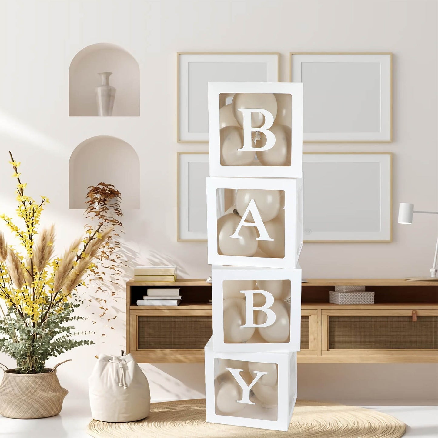 Boho Baby Shower Translucent Block Boxes, Bohemian Baby Shower Decorations, Pampas Grass Baby Shower Boxes for Photo Prop, Neutral Backdrop