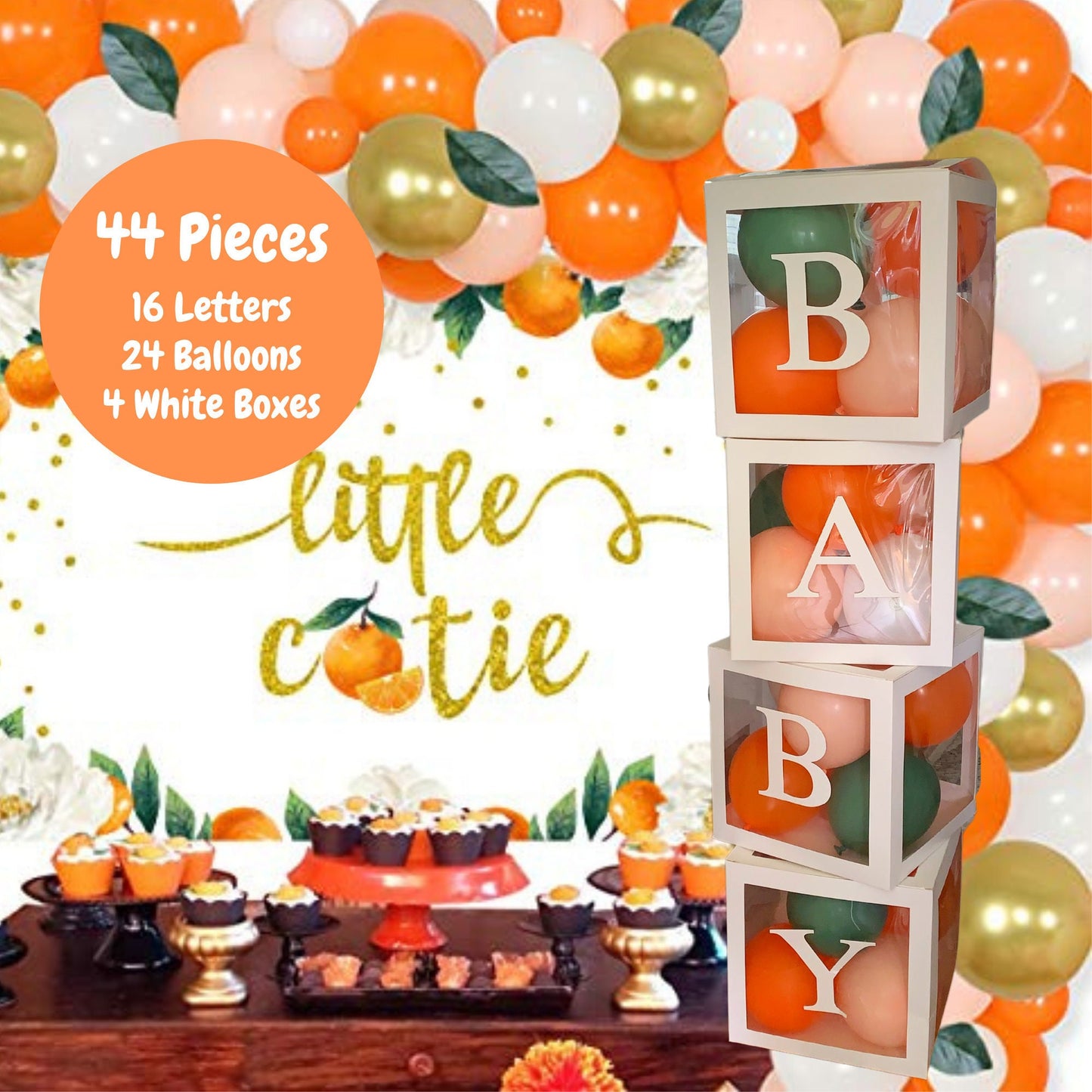 Little Cutie Baby Block Balloon Box with Letters, Baby Shower Decorations, Jumbo Transparent Balloon Boxes, Orange, White, Sage Green