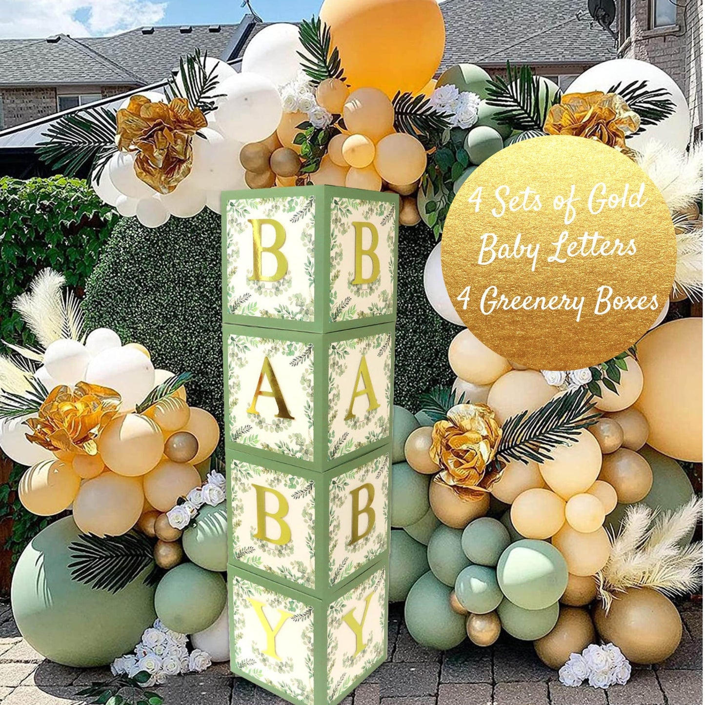 Greenery Baby Block Balloon Box with Gold Letters, Baby Shower Decorations, Jumbo Balloon Boxes, Sage Green, White and Gold