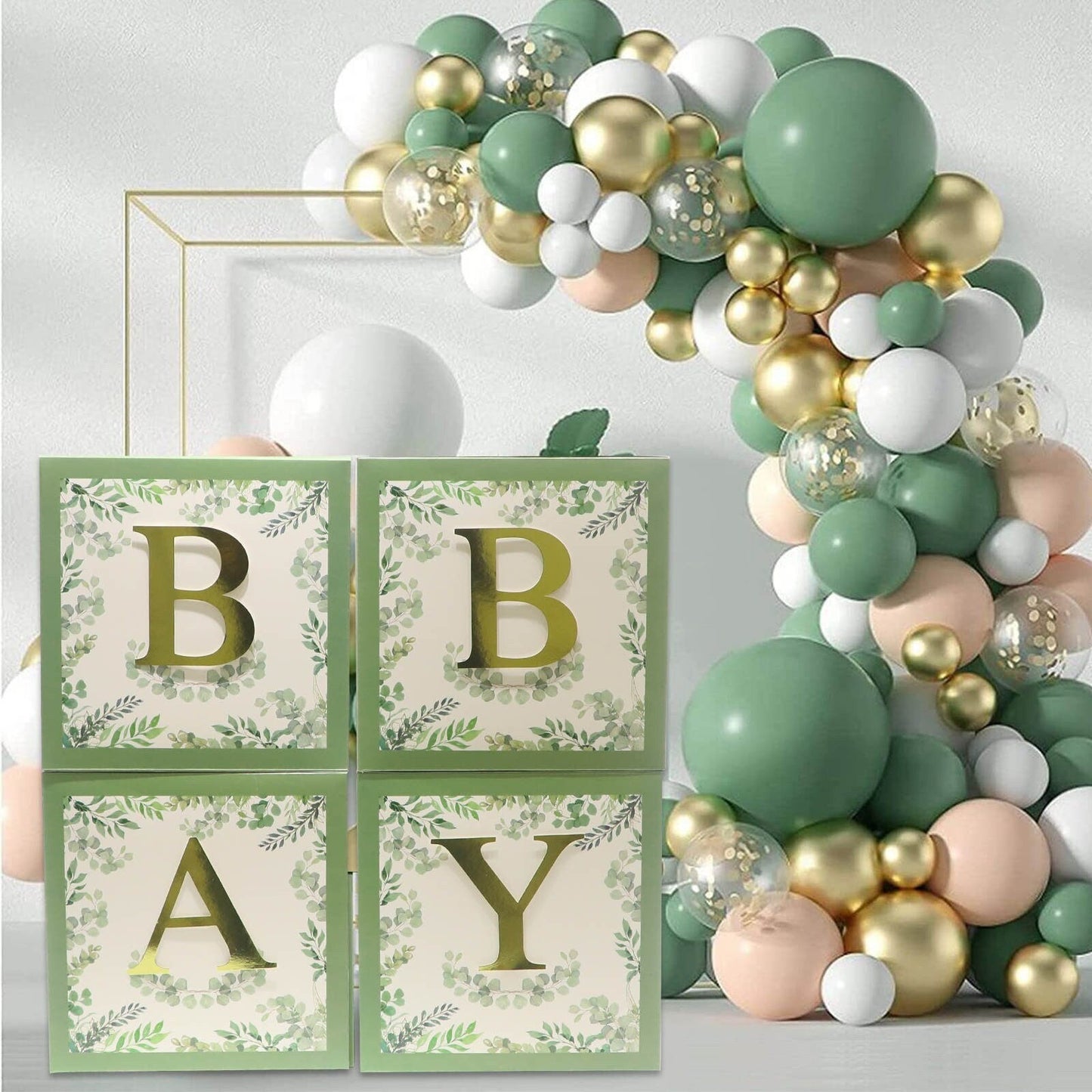 Greenery Baby Block Balloon Box with Gold Letters, Baby Shower Decorations, Jumbo Balloon Boxes, Sage Green, White and Gold