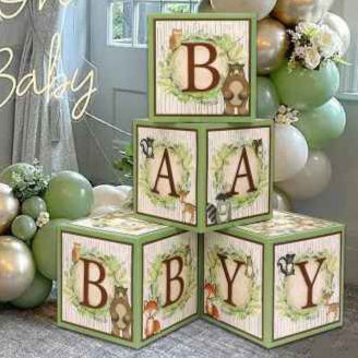 Woodland Animals Baby Block Balloon Box with Brown Letters, Baby Shower Decorations, Jumbo Balloon Boxes, Woodland Baby Shower Boxes