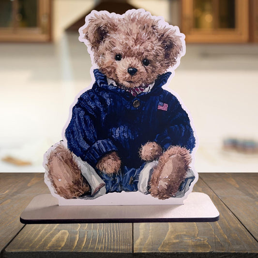 Preppy Vintage Polo Wood Cutout with Removable Wood Base, Preppy Bear Baby Shower or Birthday Table Props, Table Centerpieces