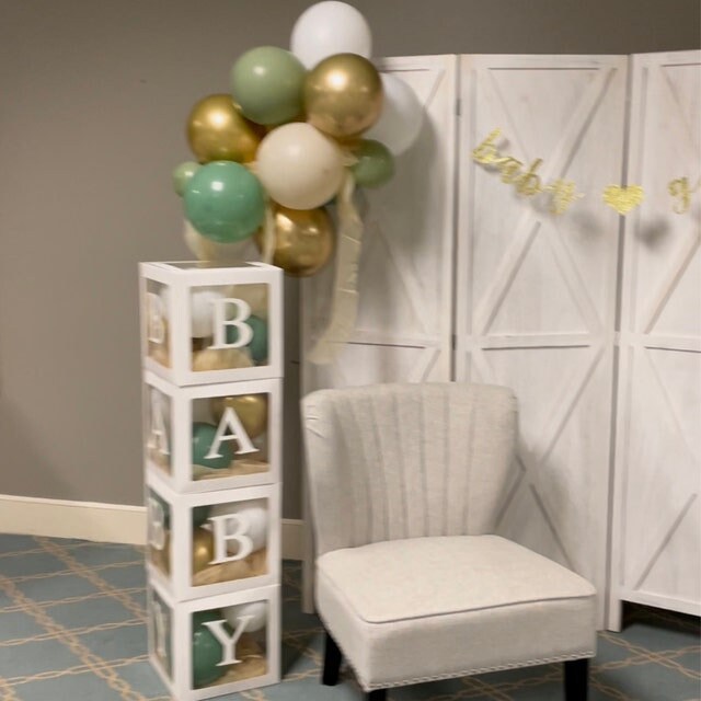 Baby Block Balloon Box with Letters, Baby Shower Decorations, Jumbo Transparent Balloon Boxes, Sage Green, White and Gold
