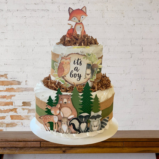 2 Tier Woodland Creatures Diaper Cake, Woodland Animals Baby Shower Centerpiece, Woodland Baby Shower Decorations, Boy Baby Shower Decor