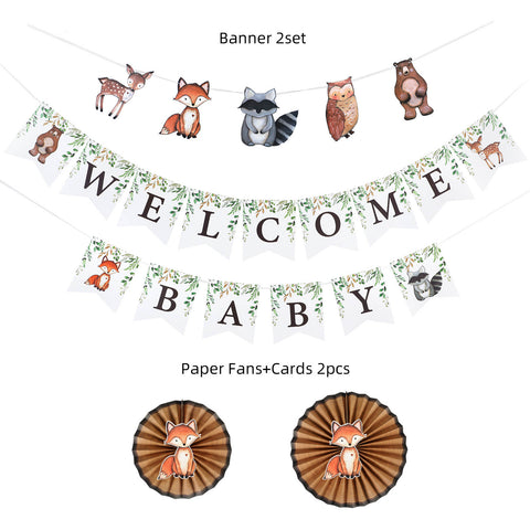 Woodland Baby Shower Banner Kit, Welcome Baby Woodland Baby Shower Banner with Woodland Animals, Paper Rosettes, Fox Cutouts