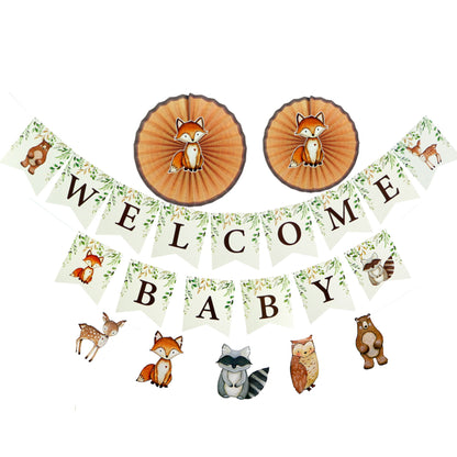 Woodland Baby Shower Banner Kit, Welcome Baby Woodland Baby Shower Banner with Woodland Animals, Paper Rosettes, Fox Cutouts