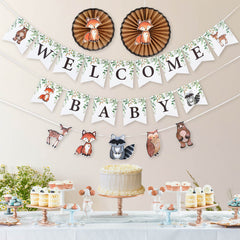 Woodland Baby Shower Banner Kit, Welcome Baby Woodland Baby Shower Banner with Woodland Animals, Paper Rosettes, Fox Cutouts