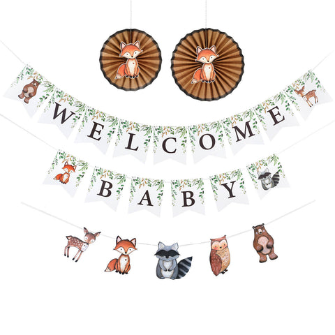 Woodland Baby Shower Banner Kit, Welcome Baby Woodland Baby Shower Banner with Woodland Animals, Paper Rosettes, Fox Cutouts