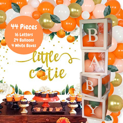 Little Cutie Baby Block Balloon Box with Letters, Baby Shower Decorations, Jumbo Transparent Balloon Boxes, Orange, White, Sage Green