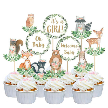 33 Woodland Animals Cupcake Toppers for Girls, Oh Baby Woodland Cupcake Toppers, Welcome Baby Cupcake Toppers, Its a Girl Cupcake Toppers