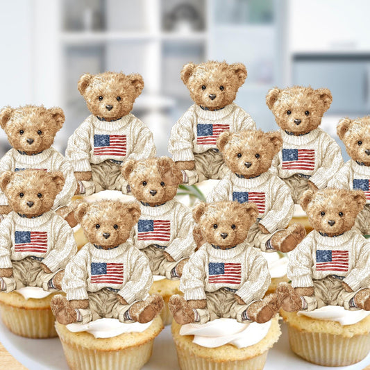 Preppy Bear Cupcake Toppers for Baby Shower or Birthday set of 12, Vintage Teddy Bear Toppers for Dessert Table
