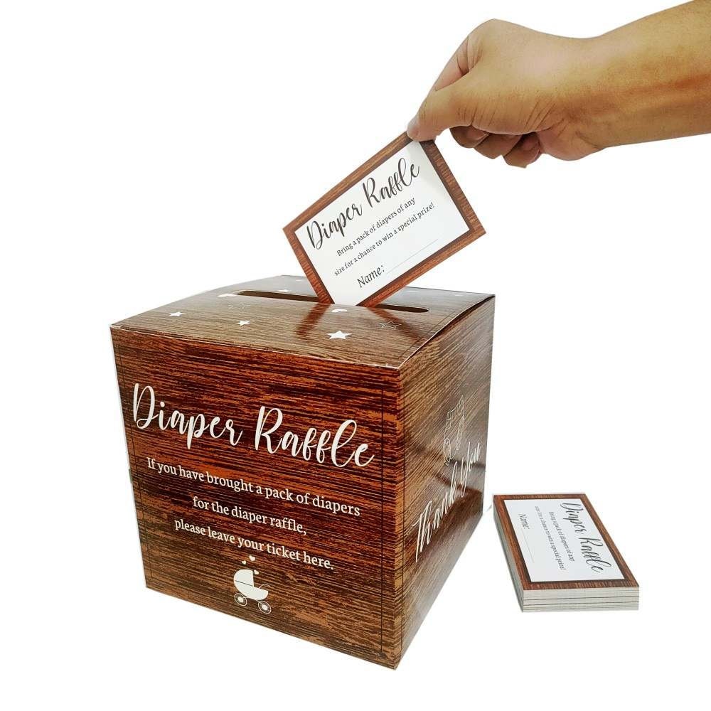 Diaper Raffle Kit Diaper Raffle Box with cards in wood grain design, Diaper Raffle Baby ...