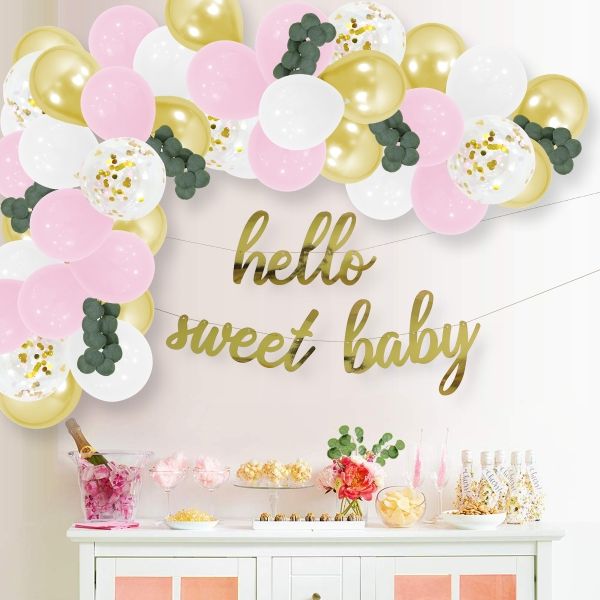Pink and Gold Baby Shower Balloon Garland, Hello Sweet Baby Decorations, Pink and Gold Balloon Garland, Hello Sweet Baby Banner