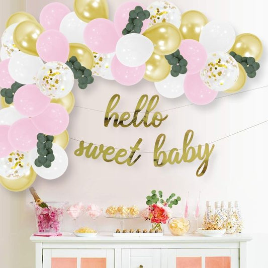 Pink and Gold Baby Shower Balloon Garland, Hello Sweet Baby Decorations, Pink and Gold Balloon Garland, Hello Sweet Baby Banner