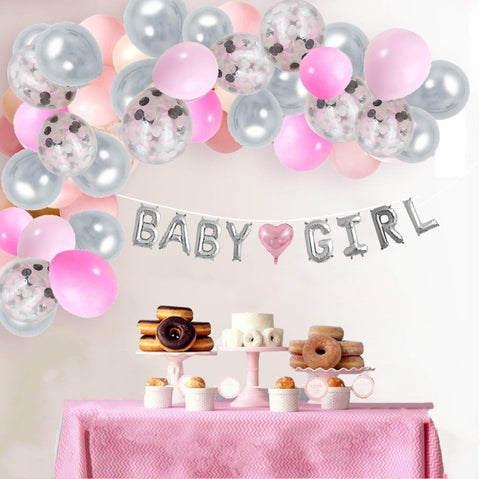 Baby Girl Balloon Garland Kit Pink and Gray with Balloon Banner (8 feet) Complete Set