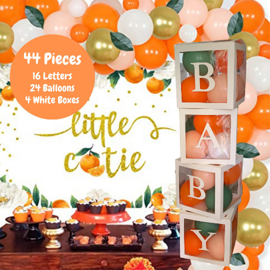 Little Cutie Baby Block Balloon Box with Letters, Baby Shower Decorations, Jumbo Transparent Balloon Boxes, Orange, White, Sage Green