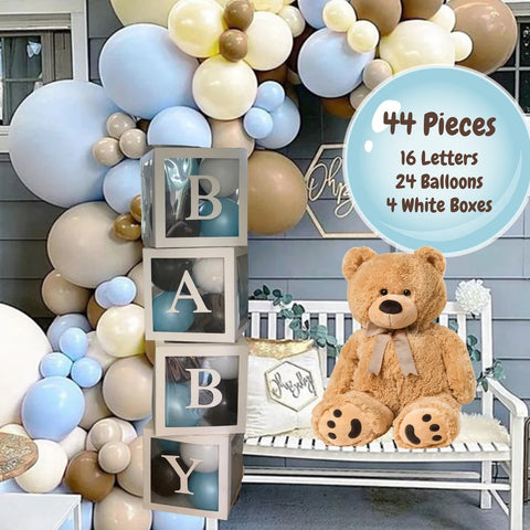 Teddy Bear Baby Shower Block Balloon Box with Letters, Baby Shower Decorations, Jumbo Transparent Balloon Boxes, Blue and Brown Balloons